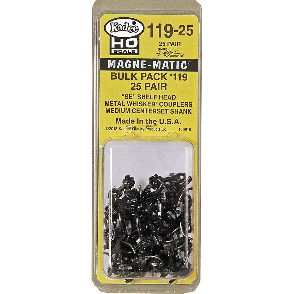 Kadee Coupler #119-25 HO Scale Bulk Pack 25 Pair SE Shelf Whisker® Metal Couplers with Gearboxes - Medium 9/32" Centerset Shank