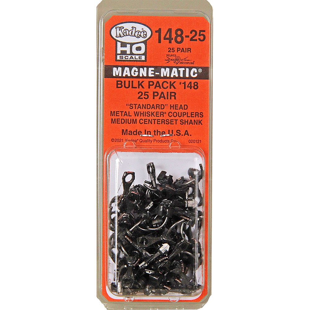 Kadee Coupler #148-25 HO Scale Bulk Pack 25 Pair 140-Series Whisker® Metal Couplers with Gearboxes - Medium 9/32" Centerset Shank