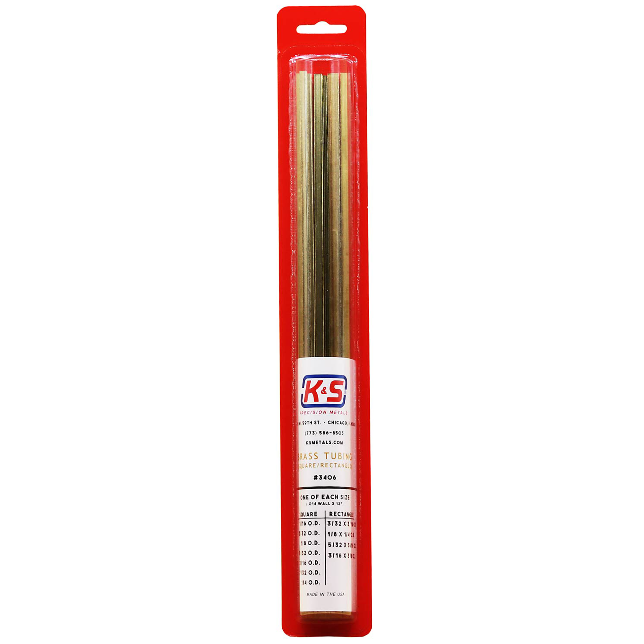 K&S Metals 3406 Rectangle Brass Tubing 1/16" thru 1/4" x 12" Square & 3/32 thru 3/8" x 12" (11pc)