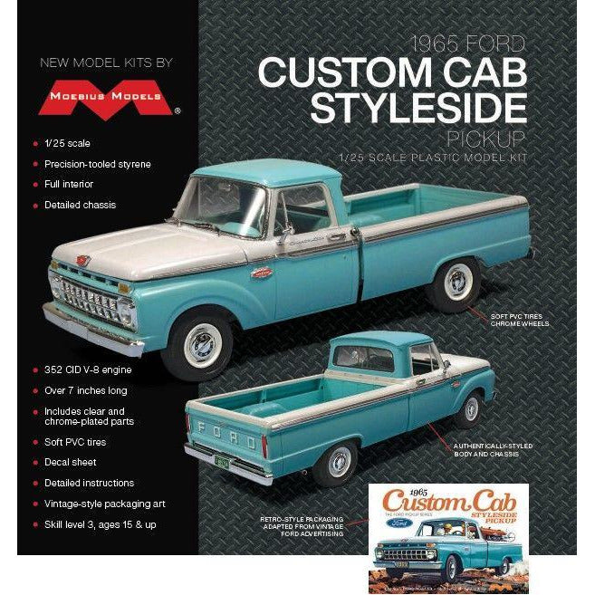 Moebius Models 1234 1965 Ford Custom Cab Styleside Pickup Truck 1/25 Scale Model Kit