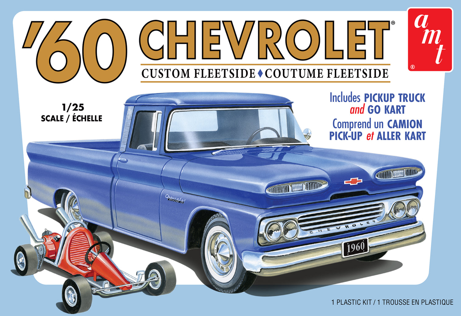 AMT 1063 1960 Chevy Custom Fleetside Pickup W/Go Kart 1/25 Scale Model Kit