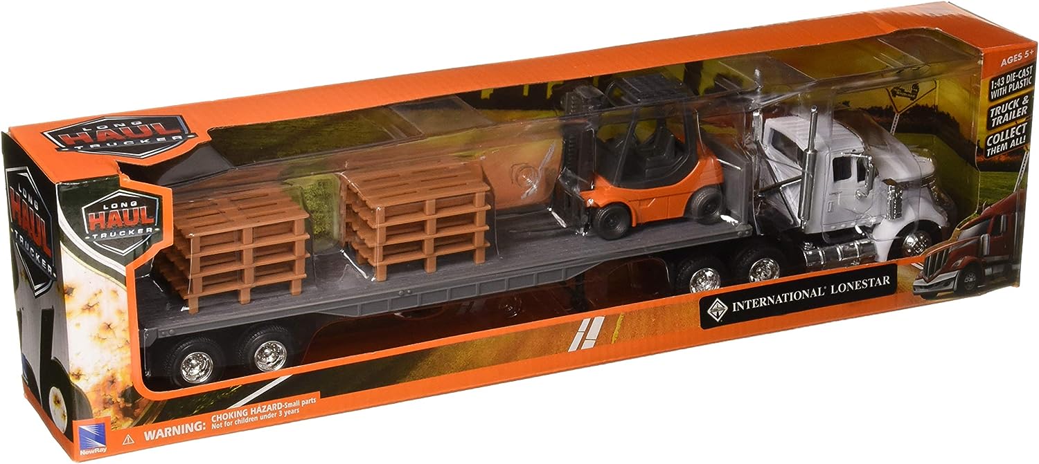 New Ray Toys 16643 International Lonestar w/Flatbed Trailer Forklift & Pallets 1/43 Scale Die-Cast Model