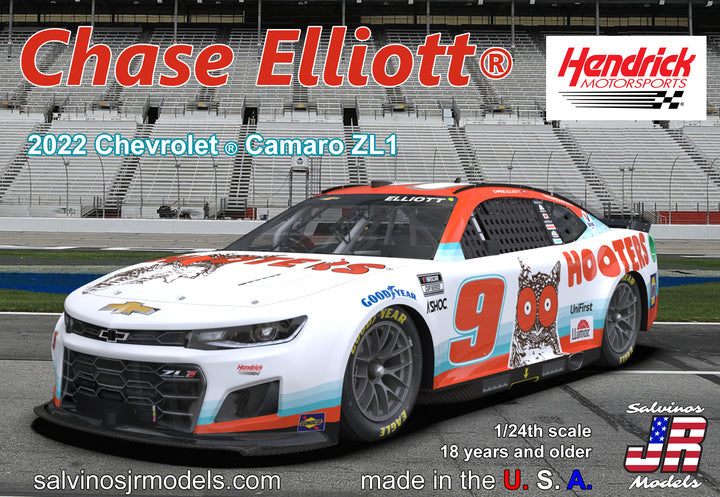 Salvinos JR Models HMC2022CEH Hendrick Motorsports 2022 #9 Hooters Chevrolet Camaro Driven by Chase Elliott 1/24 Scale Model Kit