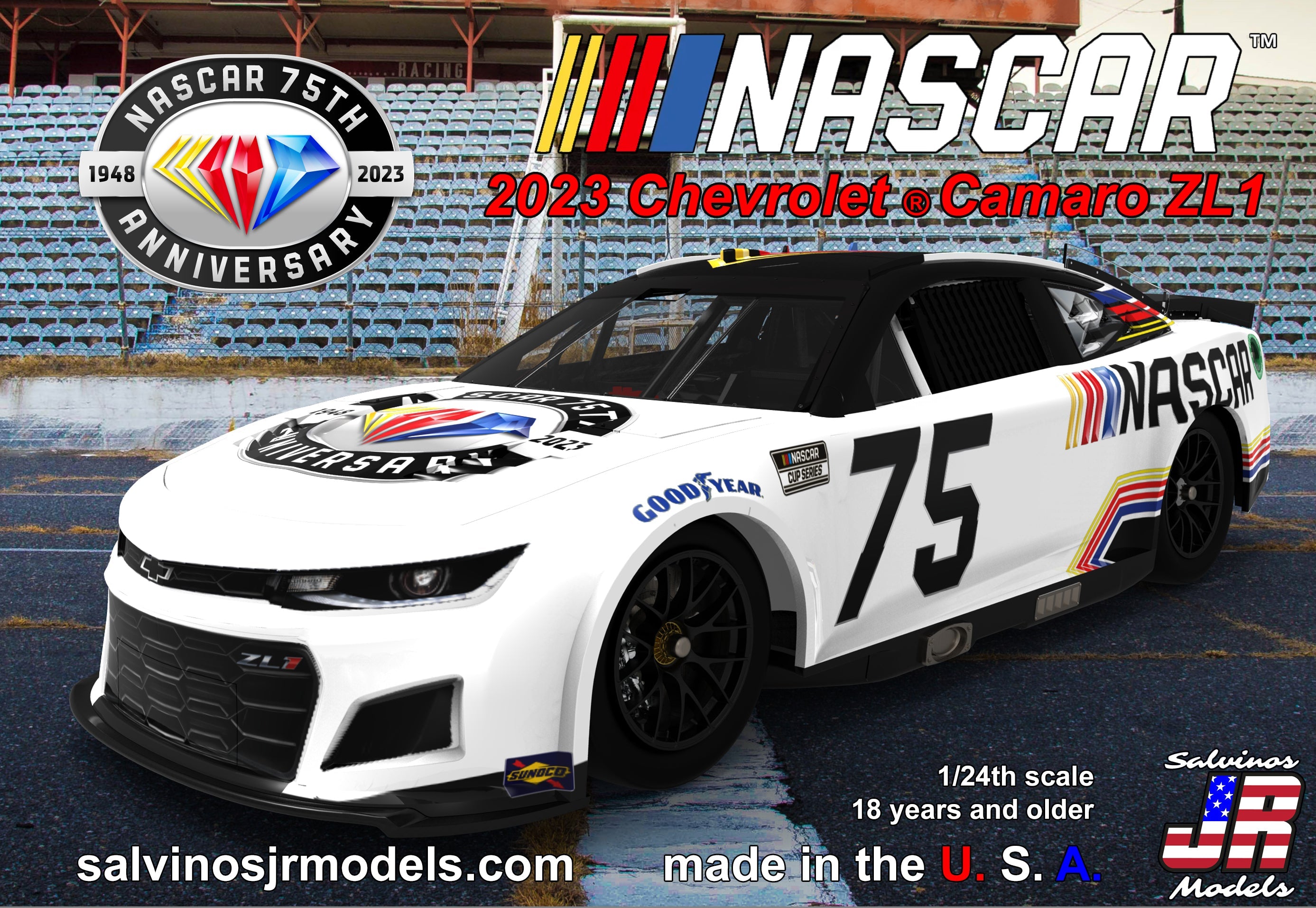 Salvinos JR Models NASCAR75 NASCAR 75th Diamond Anniversary 2023 Chevrolet Camaro 1/24 Scale Model Kit