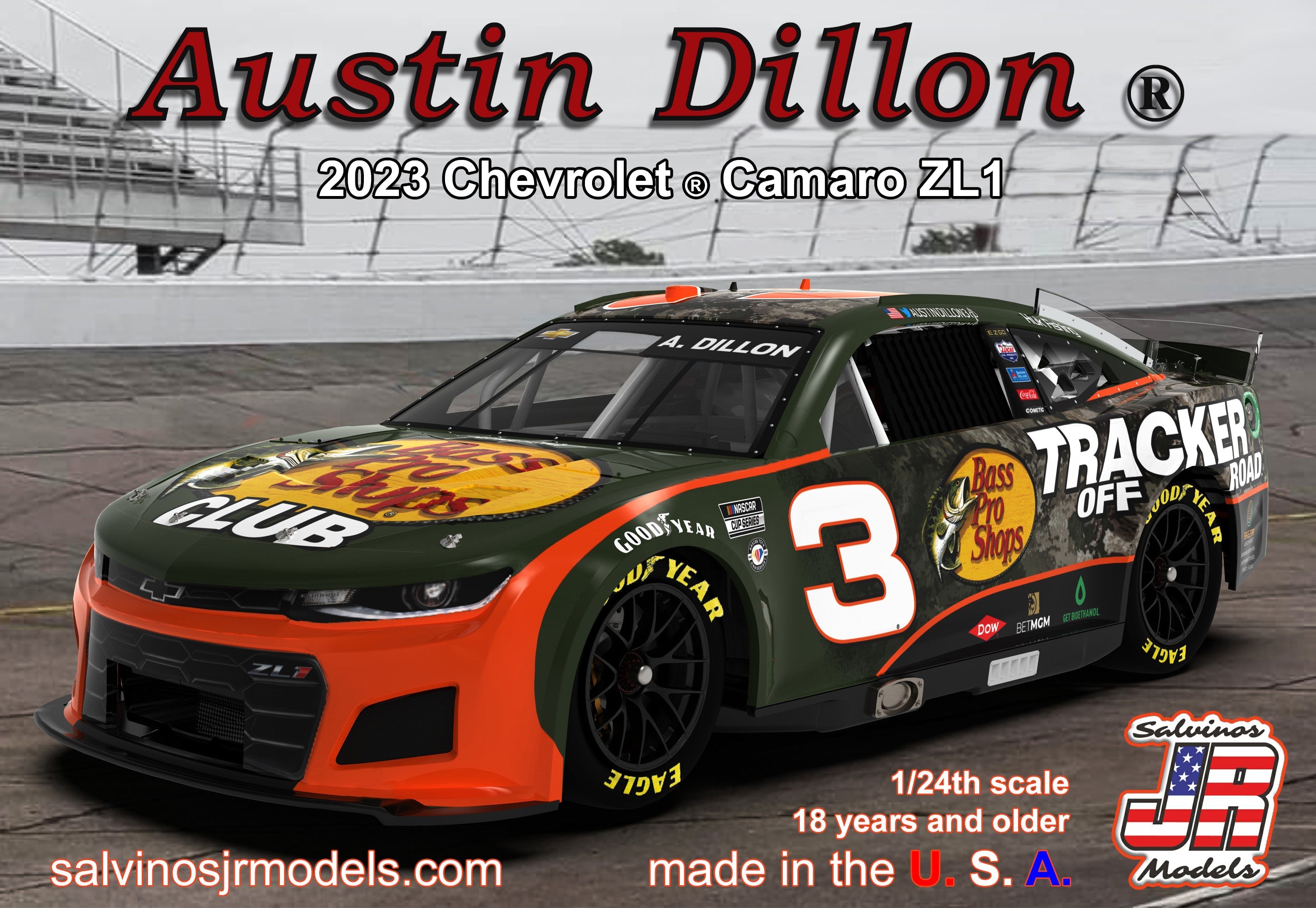 Salvinos JR Models RCC2023ADP Richard Childress Racing 2023 #3 Bass Pro Shop Chevrolet Camaro Driven by Austin Dillon 1/24 Scale Model Kit