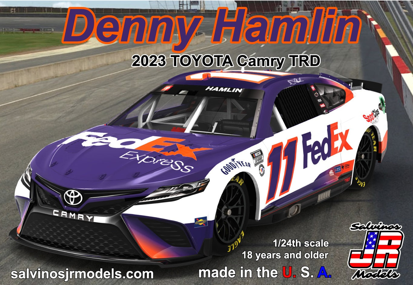 Salvinos JR Models JGT2023DHP Joe Gibbs Racing 2023 #11 FedEx Toyota Camry Driven by Denny Hamlin 1/24 Scale Model Kit