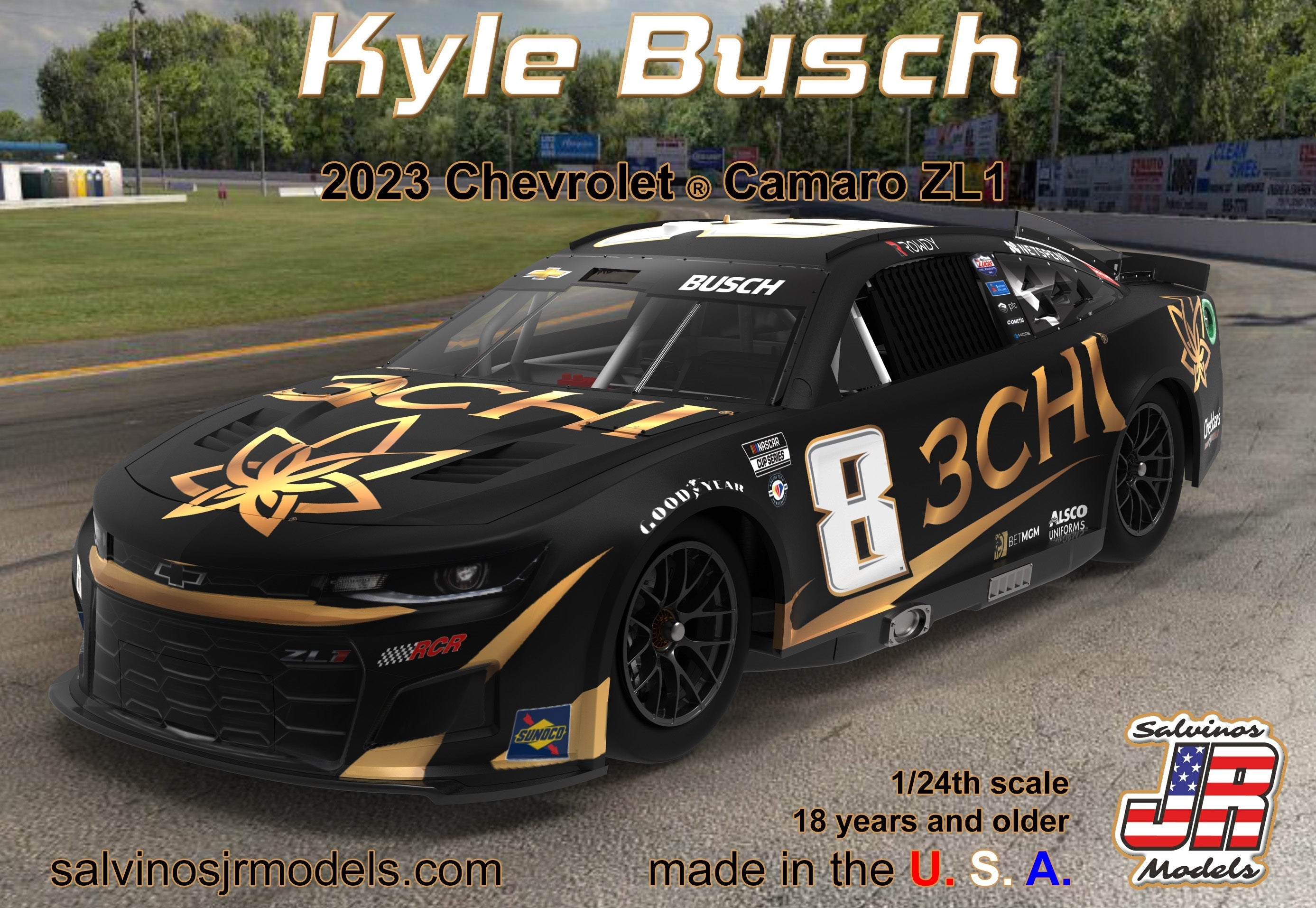 Salvinos JR Models RCC2023KBP Richard Childress Racing 2023 #8 3-CHI Chevrolet Camaro Driven by Kyle Busch 1/24 Scale Model Kit