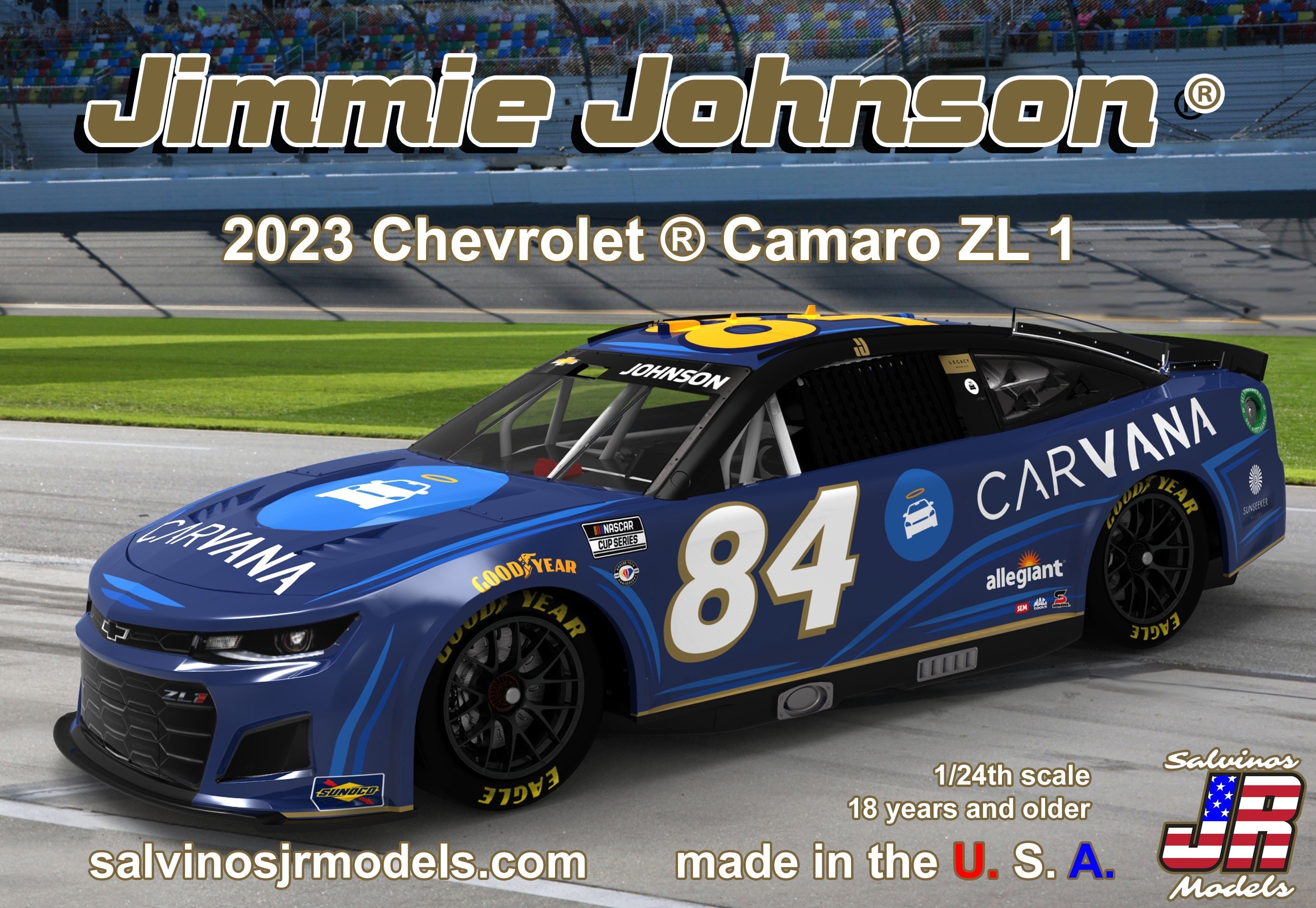 Salvinos JR Models LMC2023JJP Legacy Motor Club Jimmie Johnson 2023 #84 Carvana Camaro 1/24 Scale Model Kit