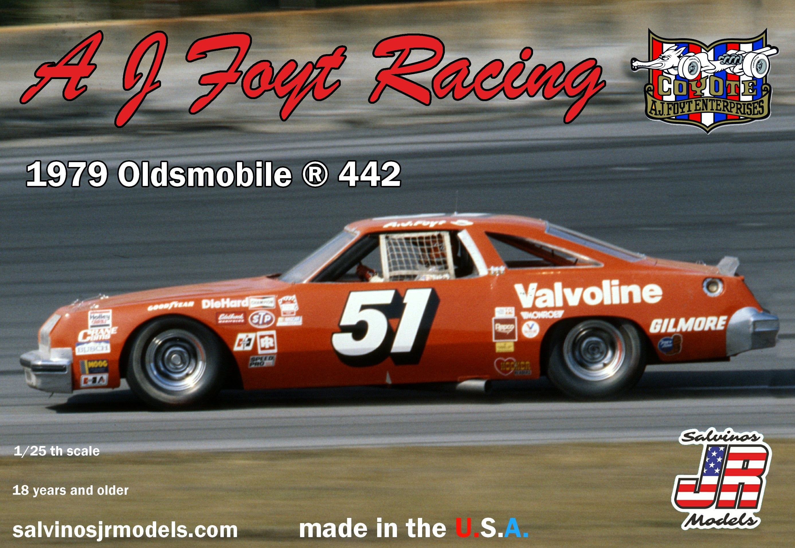 Salvinos JR Models AJO1979D AJ Foyt Racing 1979 #51 Valvoline Oldsmobile 1/25 Scale Model Kit