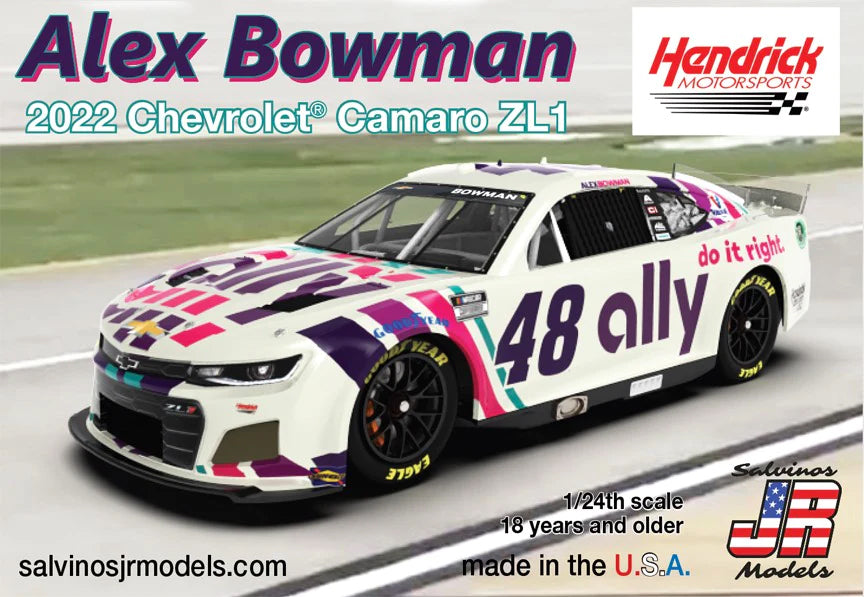 Salvinos JR Models HMC2022ABP Hendrick Motorsports Alex Bowman 2022 #48 Ally Chevrolet Camaro 1/24 Scale Model Kit