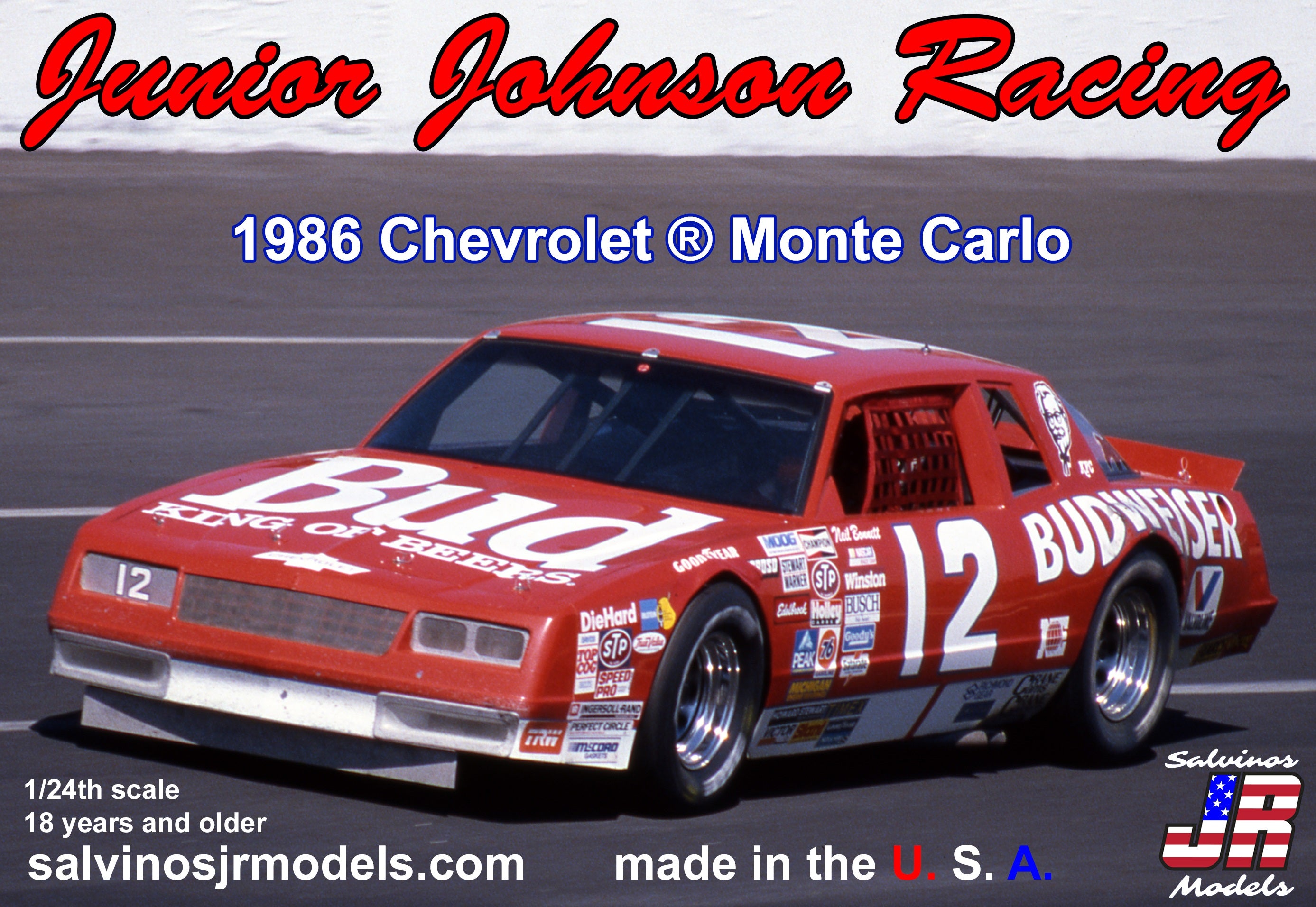 Salvinos JR Models JJMC1986NB Junior Johnson Racing 1986 #12 Monte Carlo Driven by Neil Bonnet 1/24 Scale Model Kit