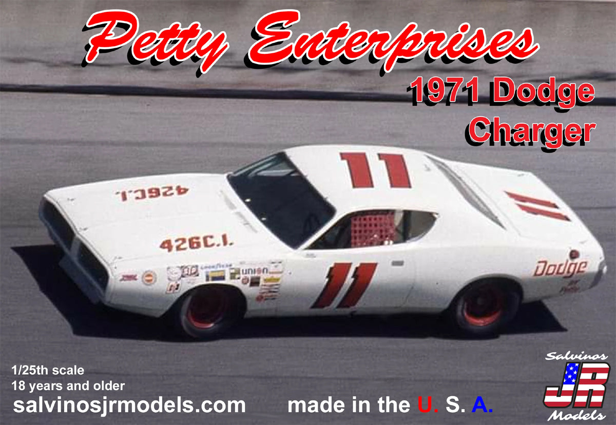 Salvinos JR Models PEDC1971DA Petty Enterprises 1971 #11 Dodge Charger 1/25 Scale Model Kit