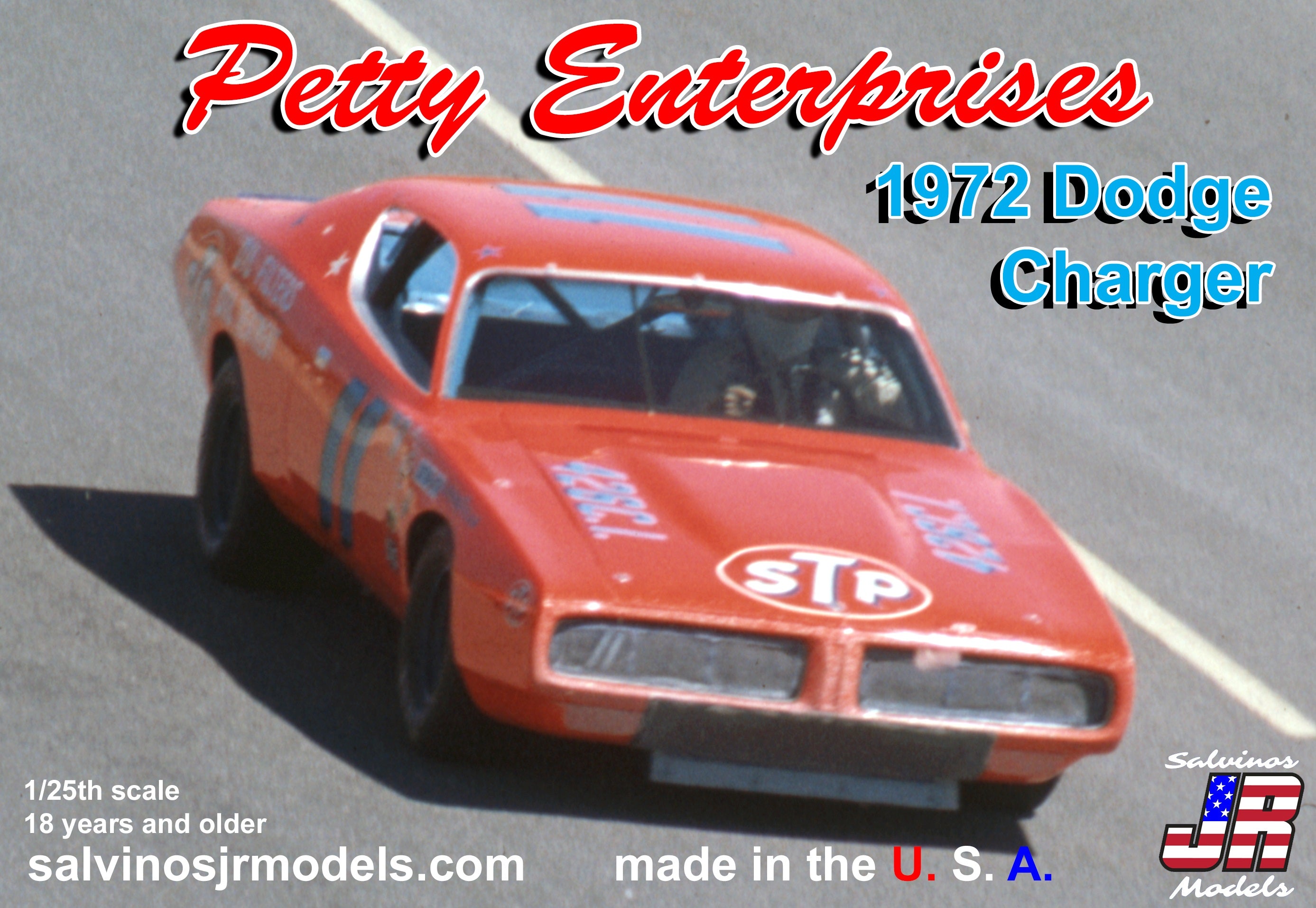 Salvinos JR Models PEDC1972D Petty Enterprises 1972 #11 Dodge Charger Driven by Buddy Baker 1/25 Scale Model Kit