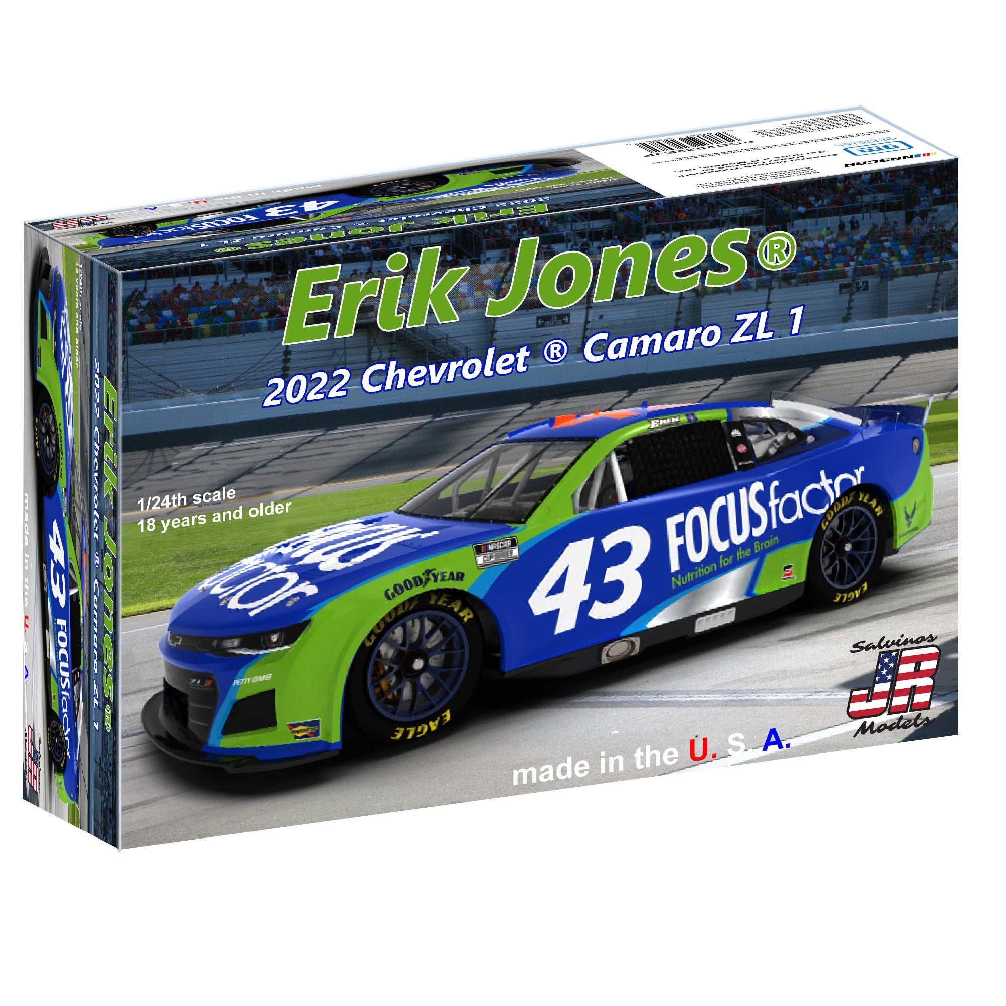 Salvinos JR Models PGC2022EJP Petty/GMS 2022 #43 Focus Factor Chevrolet Camaro Driven by Erik jones 1/24 Scale Model Kit