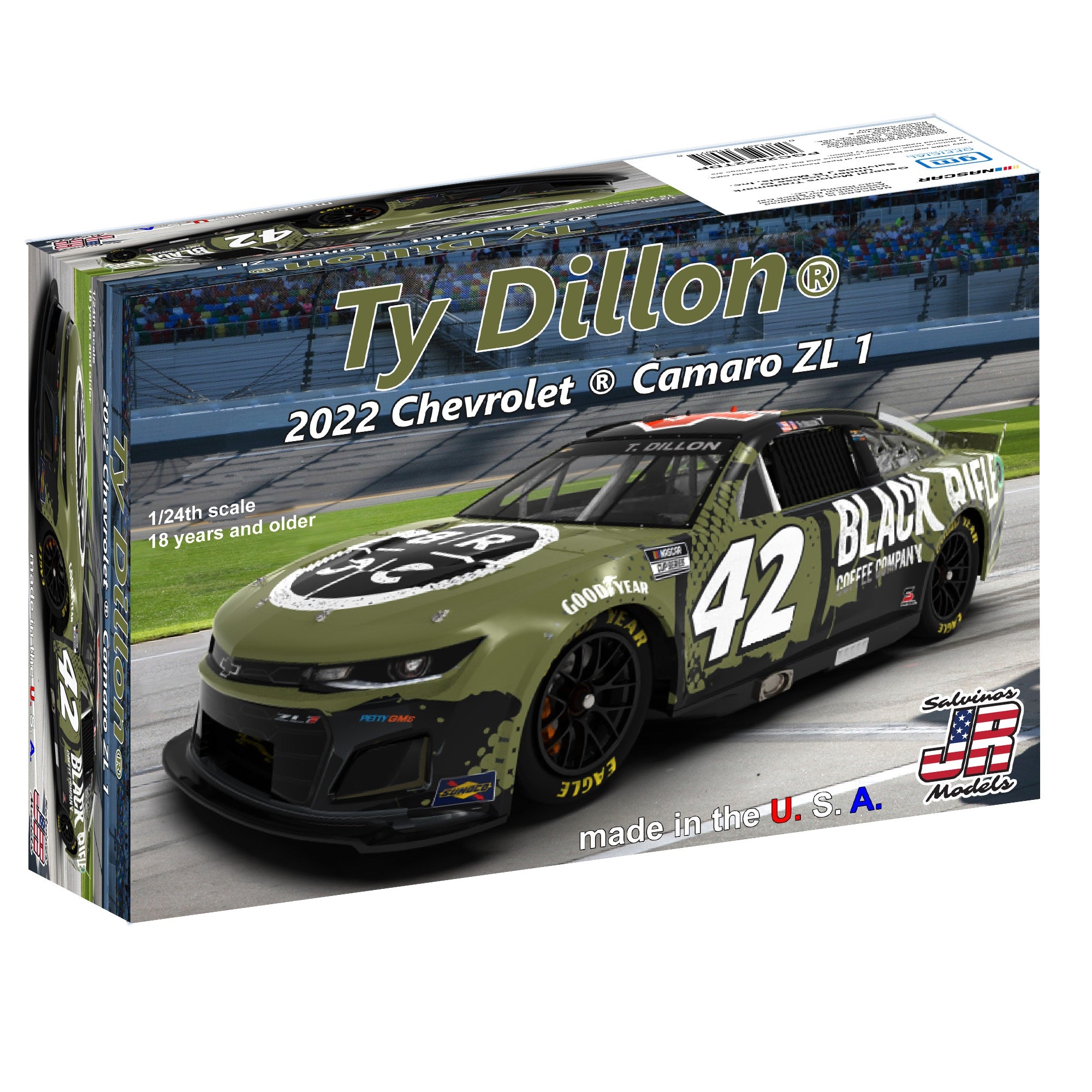 Salvinos JR Models PGC2022TDP Petty/GMS 2022 #42 Black Rifle Chevrolet Camaro Driven by Ty Dillon 1/24 Scale Model Kit