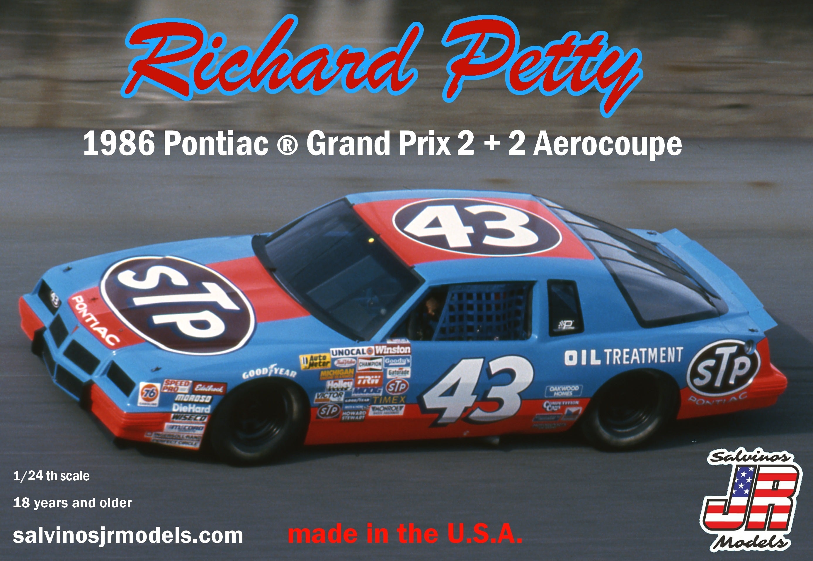 Salvinos JR Models RPGP1986D Richard Petty 1986 #43 Pontiac 2+2 Aerocoupe 1/24 Scale Model Kit