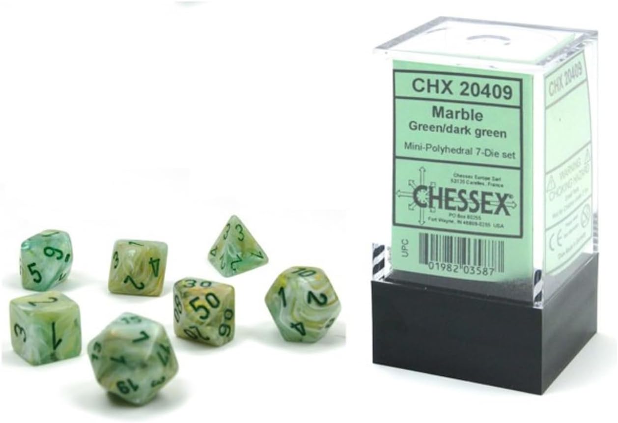 CHX20409: Marble: Mini-Polyhedral Green/dark green 7-Die Set