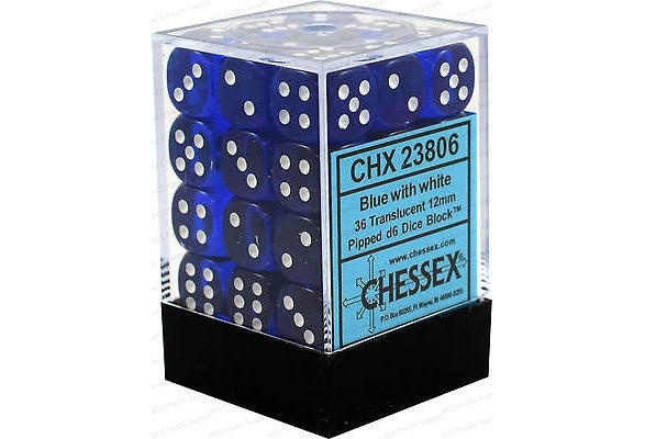 CHX23806: Translucent: 12mm D6 Blue/White (36)