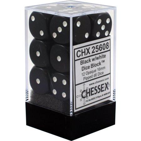 CHX25608: Opaque Black/White Dice Set (12)