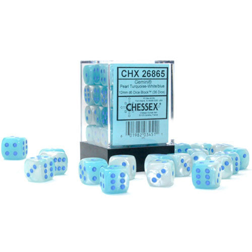 CHX26865: Gemini: 12mm d6 Pearl Turquoise-White/blue Luminary Dice Block (36 dice)