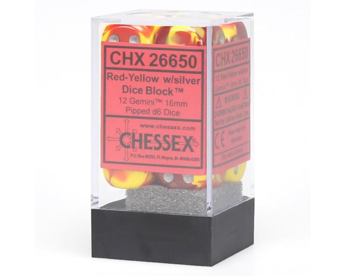 Chessex 26650: Gemini Red Yellow/silver 16mm D6 Dice Block 12 Dice Set